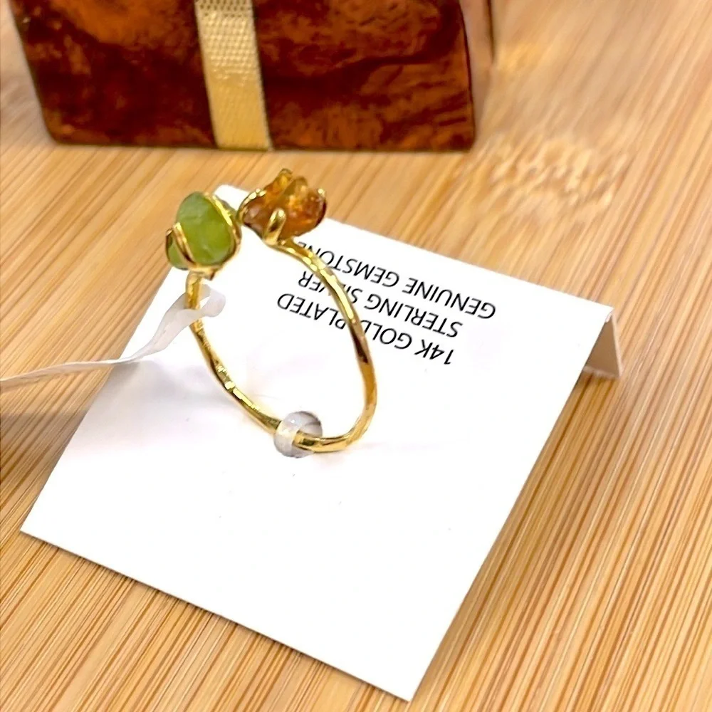 Brand New 14K Gold Plated Sterling Silver Genuine Gemstone Peridot Citrine Ring